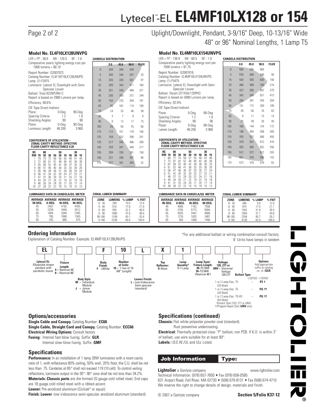 Lightolier EL4MF10LX128, EL4MF10LX154 dimensions Ordering Information, Options/accessories, Specifications 