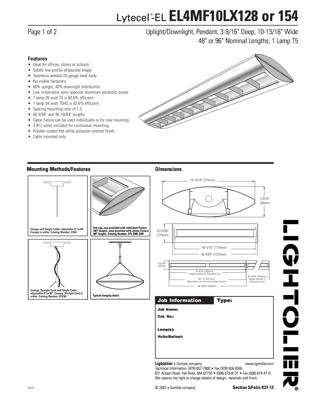 Lightolier EL4MF10LX154 dimensions Page 1 of, 48 or 96 Nominal Lengths, 1 Lamp T5, Job Information, Type, Features 