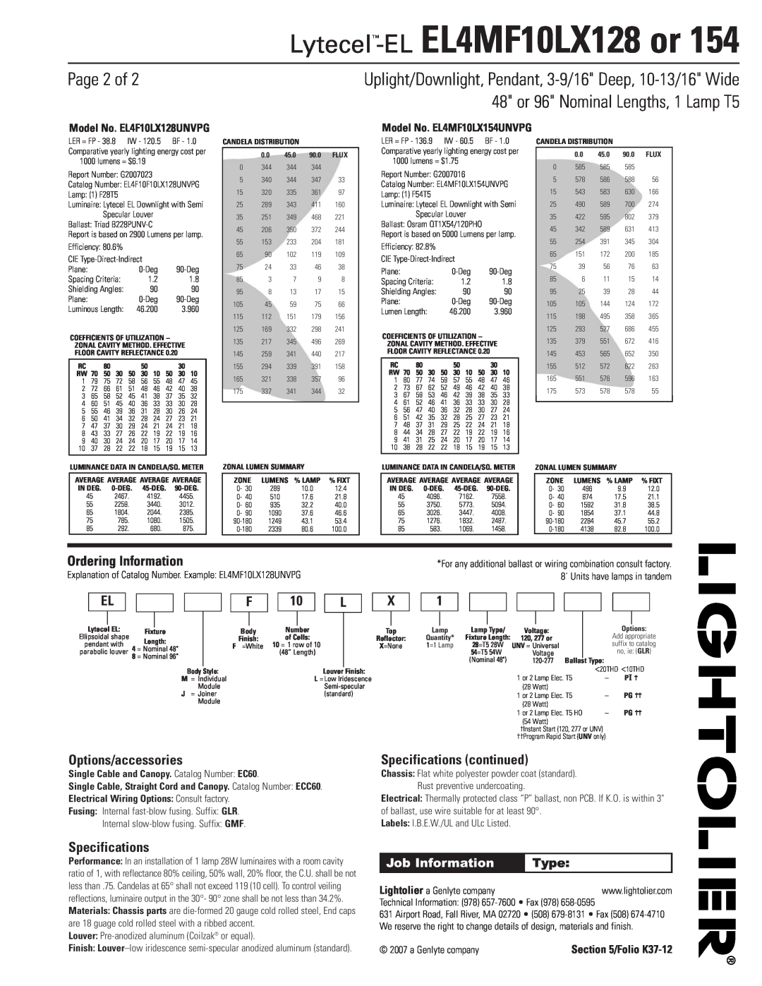 Lightolier dimensions Page 2 of, Lytecel-EL EL4MF10LX128 or, Ordering Information, Options/accessories, Specifications 