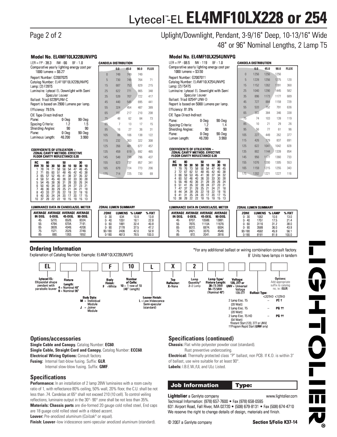 Lightolier EL4MF10LX228 or 254 Page 2 of, Lytecel-EL EL4MF10LX228 or, 48 or 96 Nominal Lengths, 2 Lamp T5, Specifications 