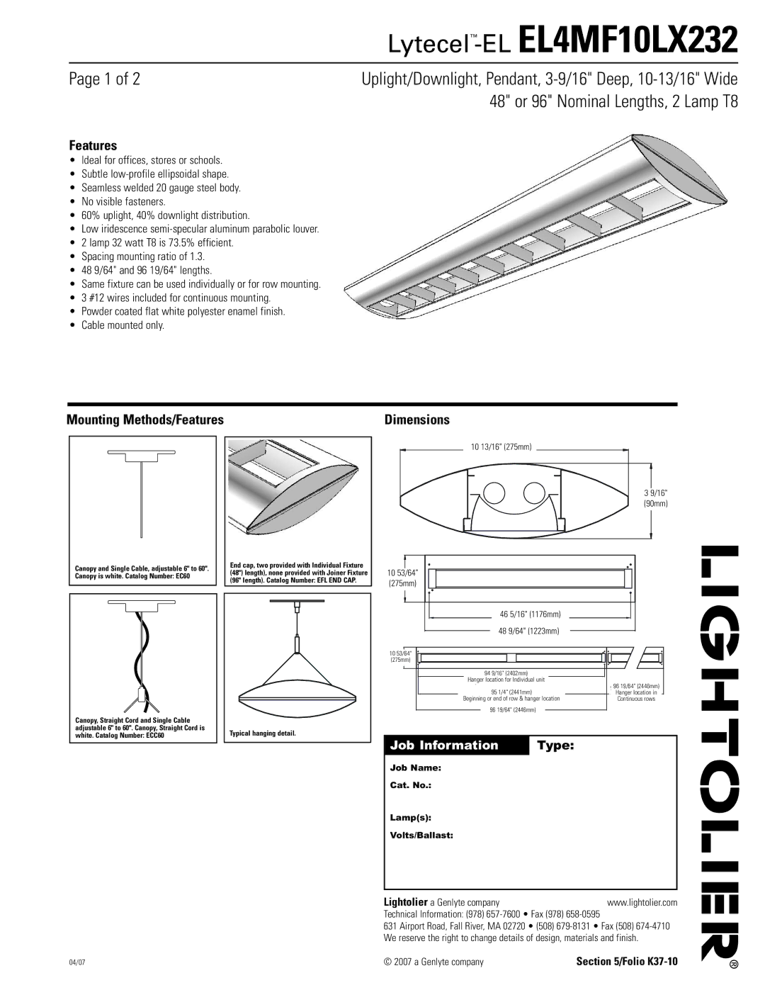 Lightolier EL4MF10LX232 dimensions Mounting Methods/Features Dimensions, 10 13/16 275mm, 10053/64/64 275mmmm 