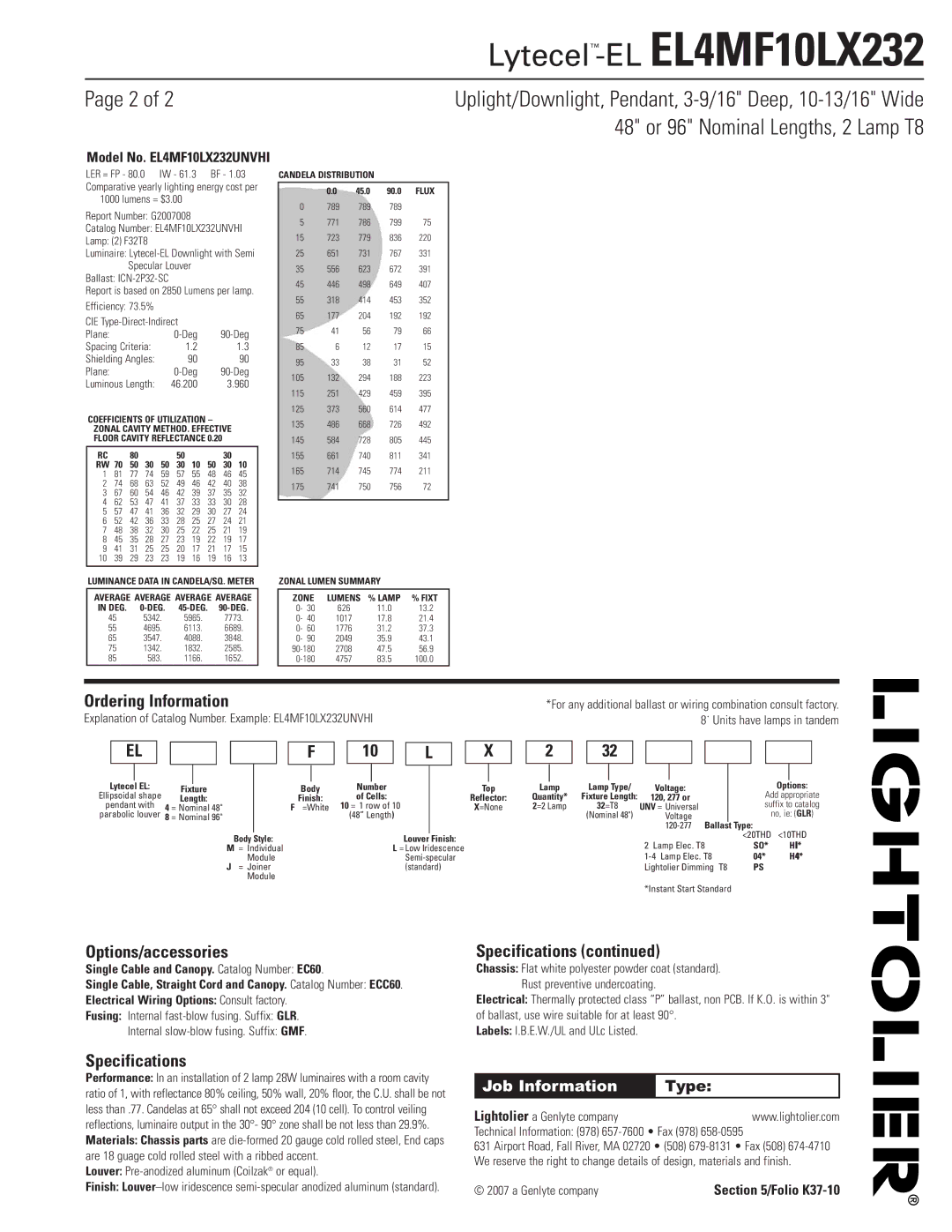 Lightolier EL4MF10LX232 dimensions Ordering Information, Options/accessories, Specifications 