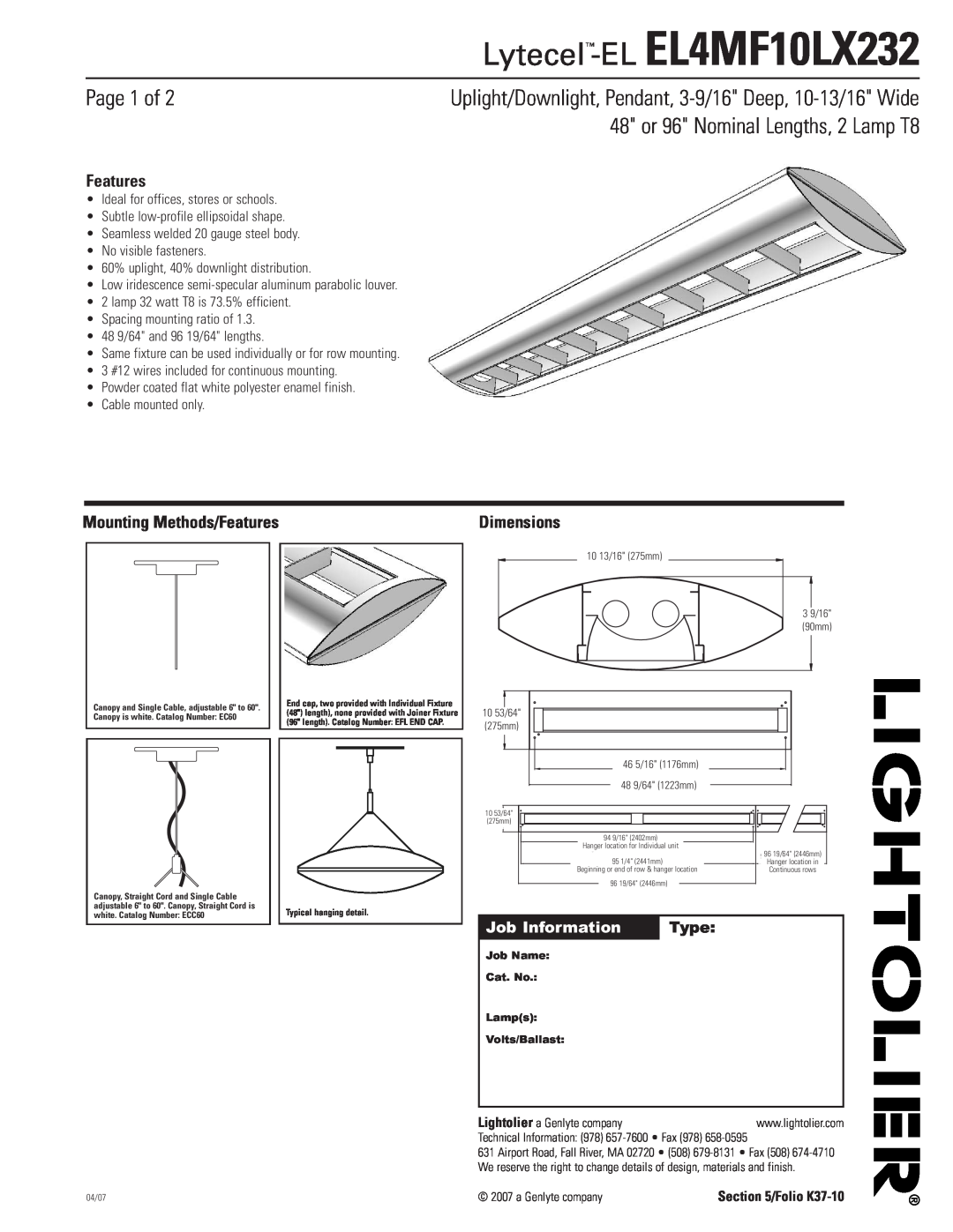 Lightolier dimensions Lytecel-EL EL4MF10LX232, Page 1 of, 48 or 96 Nominal Lengths, 2 Lamp T8, Job Information, Type 