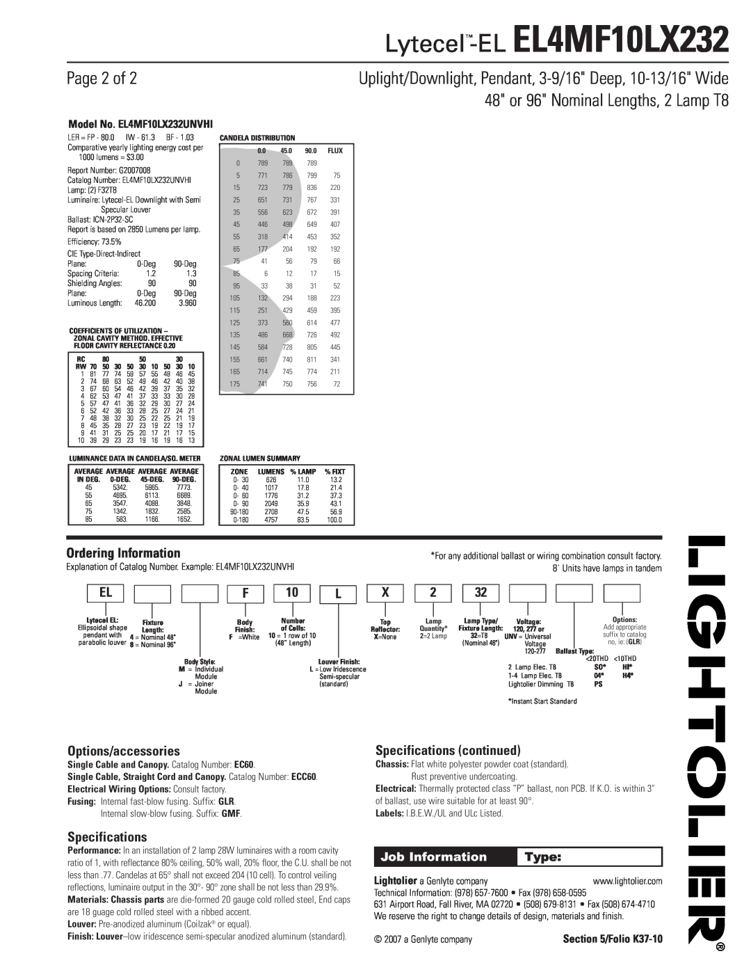 Lightolier dimensions Page 2 of, Lytecel-EL EL4MF10LX232, 48 or 96 Nominal Lengths, 2 Lamp T8, Ordering Information 