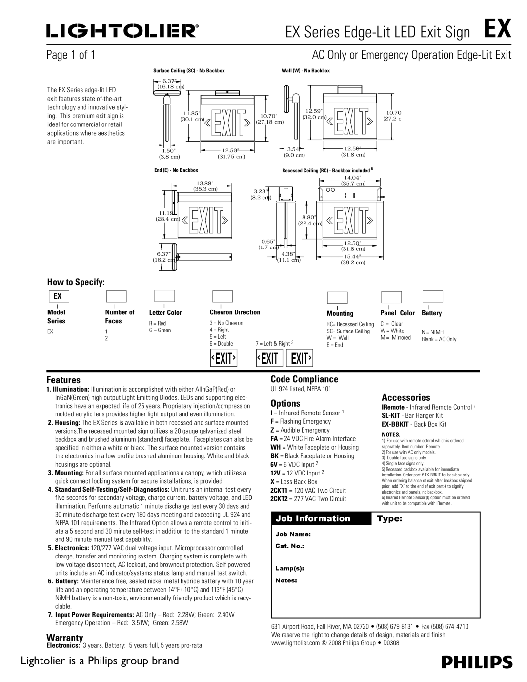 Lightolier EX Series warranty Features, Code Compliance, Options, Accessories, Warranty 