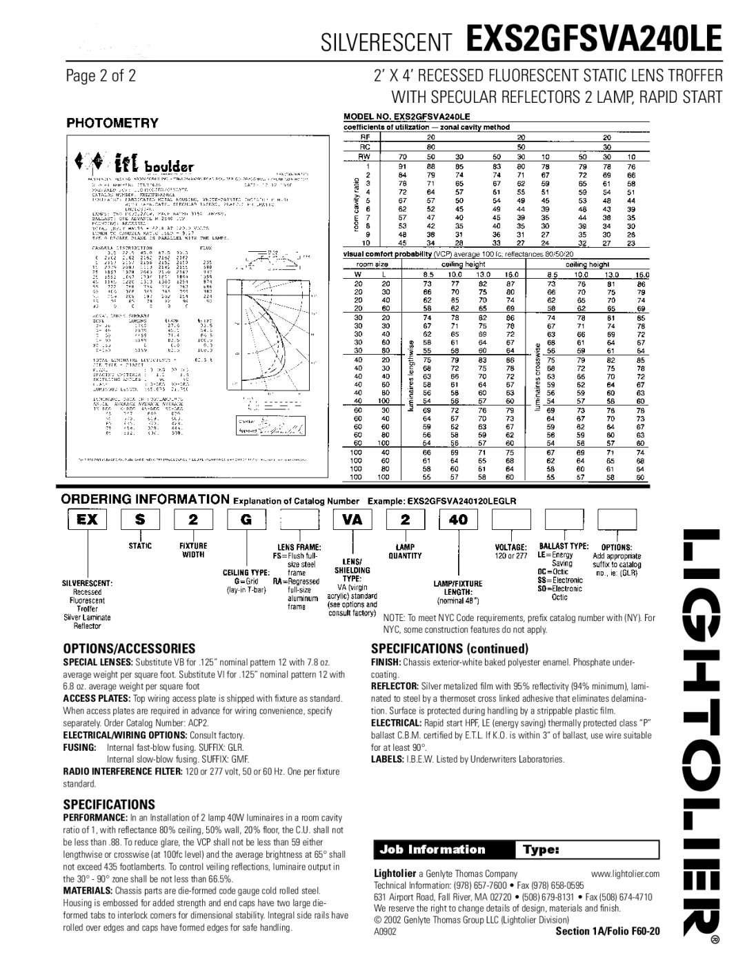 Lightolier EXS2GFSVA240LE manual Options/Accessories, Specifications, Job Information 