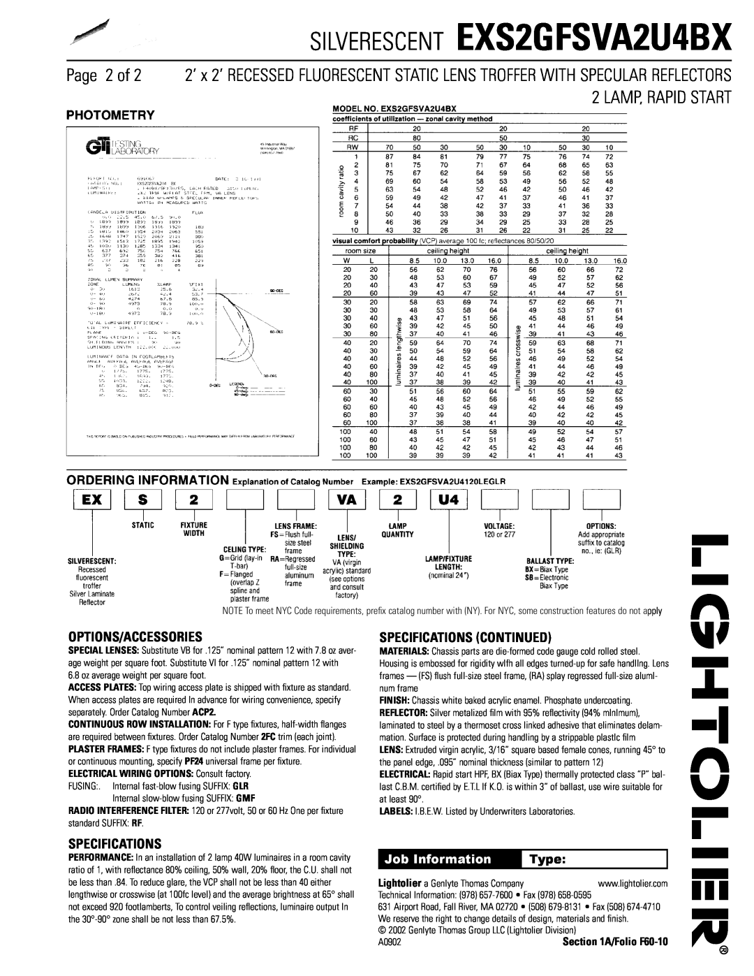 Lightolier manual Options/Accessories, Specifications Continued, SILVERESCENT EXS2GFSVA2U4BX, Job Information, Type 