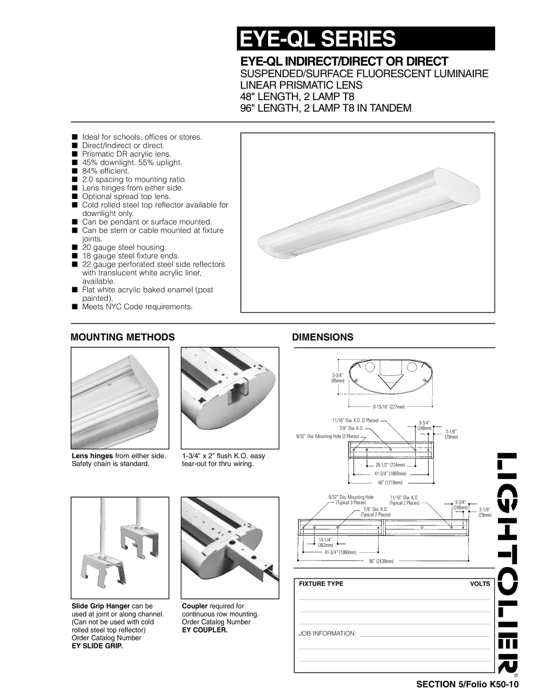 Lightolier EYE-QL Series dimensions EYE-QL INDIRECT/DIRECT or Direct, Mounting Methods Dimensions, EY Slide Grip 