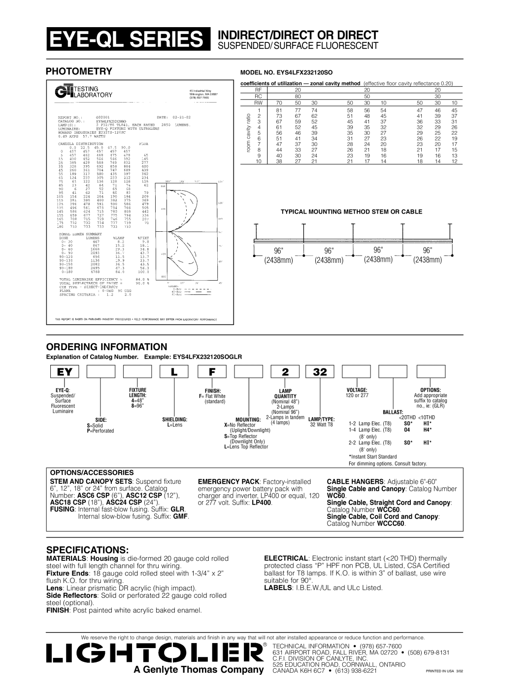 Lightolier dimensions EYE-QL Series INDIRECT/DIRECT or Direct, Photometry, Ordering Information, Specifications 