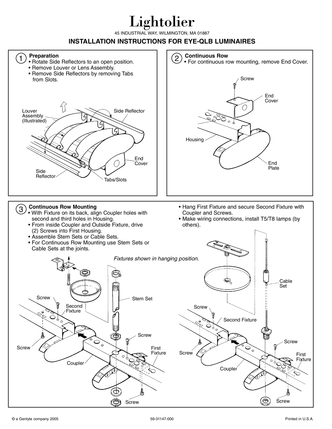 Lightolier Eye-QLB installation instructions Preparation, Continuous Row Mounting, Lightolier 