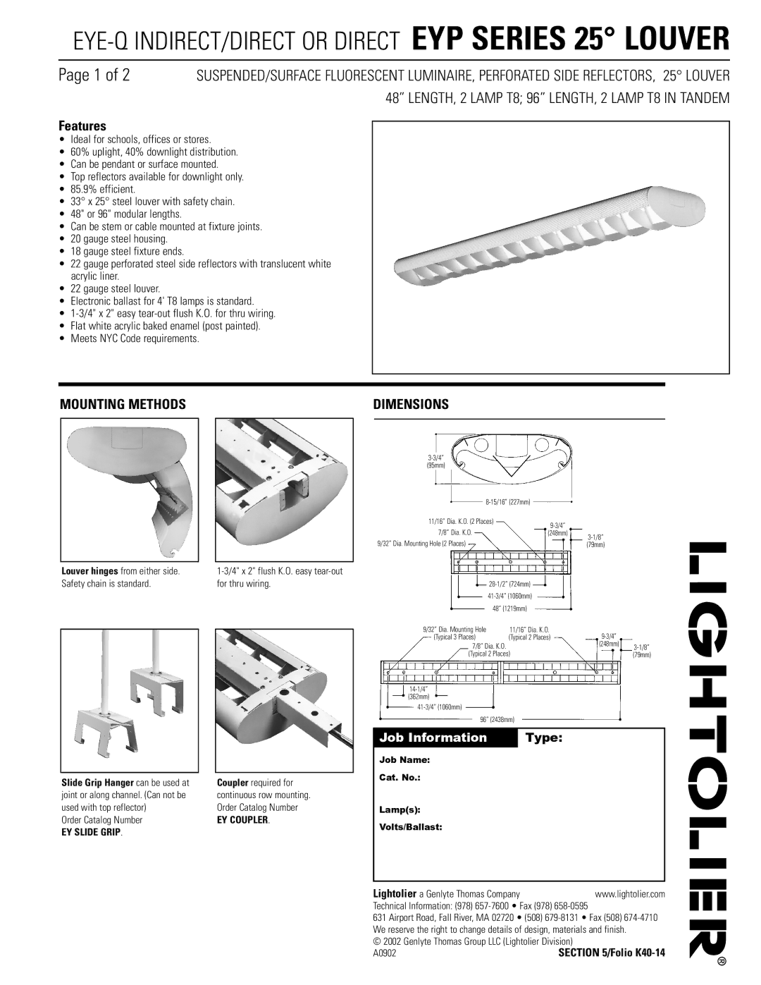 Lightolier EYP Series dimensions Features, Mounting Methods Dimensions, EY Slide Grip, EY Coupler 