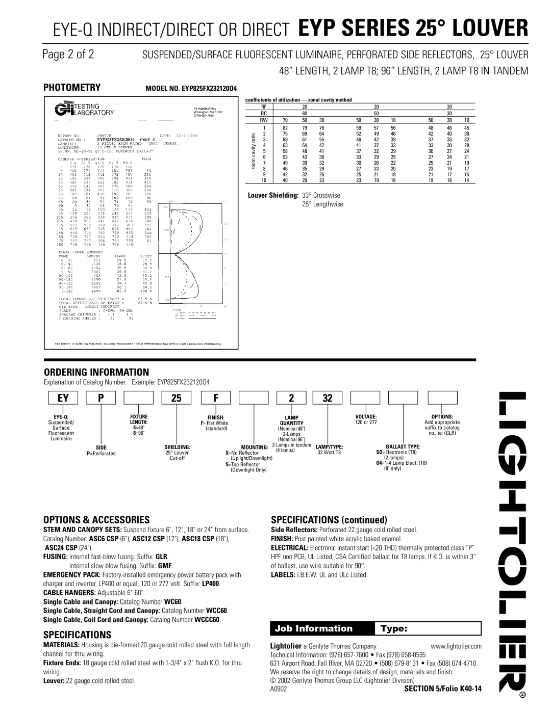 Lightolier EYP Series dimensions Photometry, Ordering Information, Options & Accessories, Specifications 