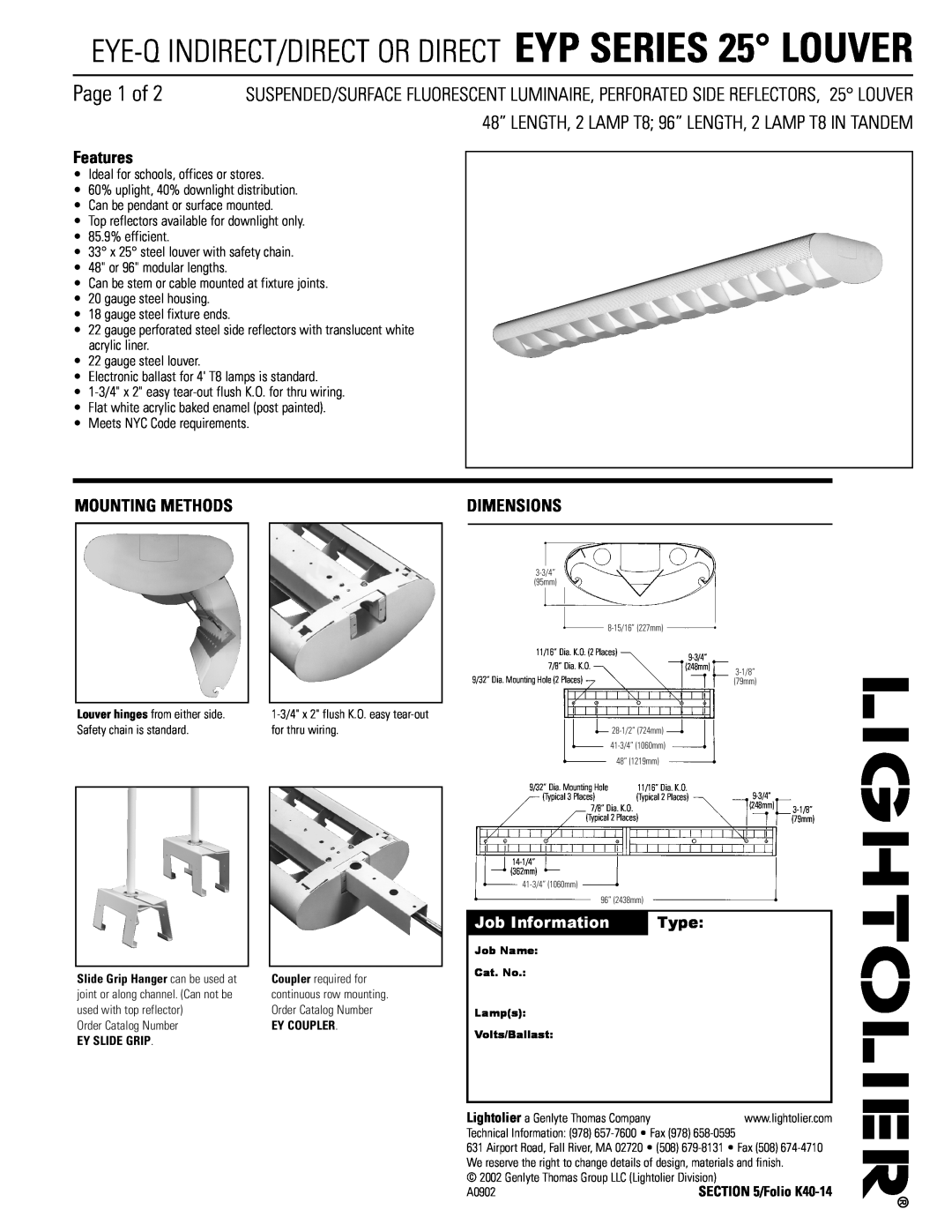 Lightolier EYP Series dimensions Page 1 of, Features, Mounting Methods, Dimensions, Job Information, Type 