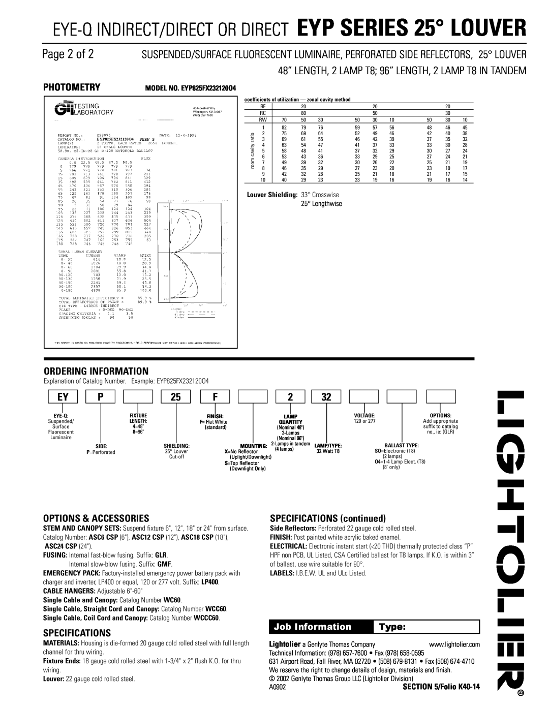 Lightolier EYP Series Page 2 of, Photometry, Ordering Information, Options & Accessories, Specifications, Job Information 