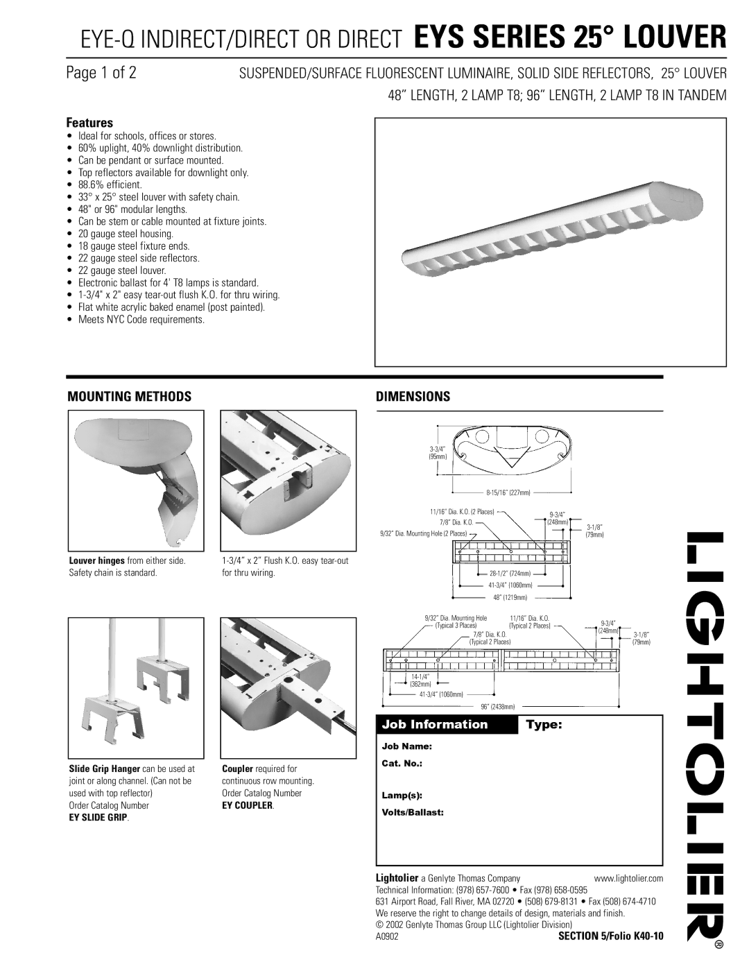 Lightolier EYS Series dimensions Features, Mounting Methods Dimensions, EY Slide Grip, EY Coupler 