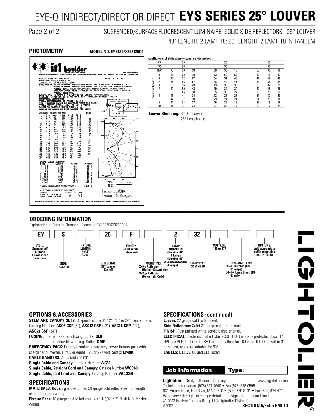 Lightolier EYS Series dimensions Photometry, Ordering Information, Options & Accessories, Specifications 