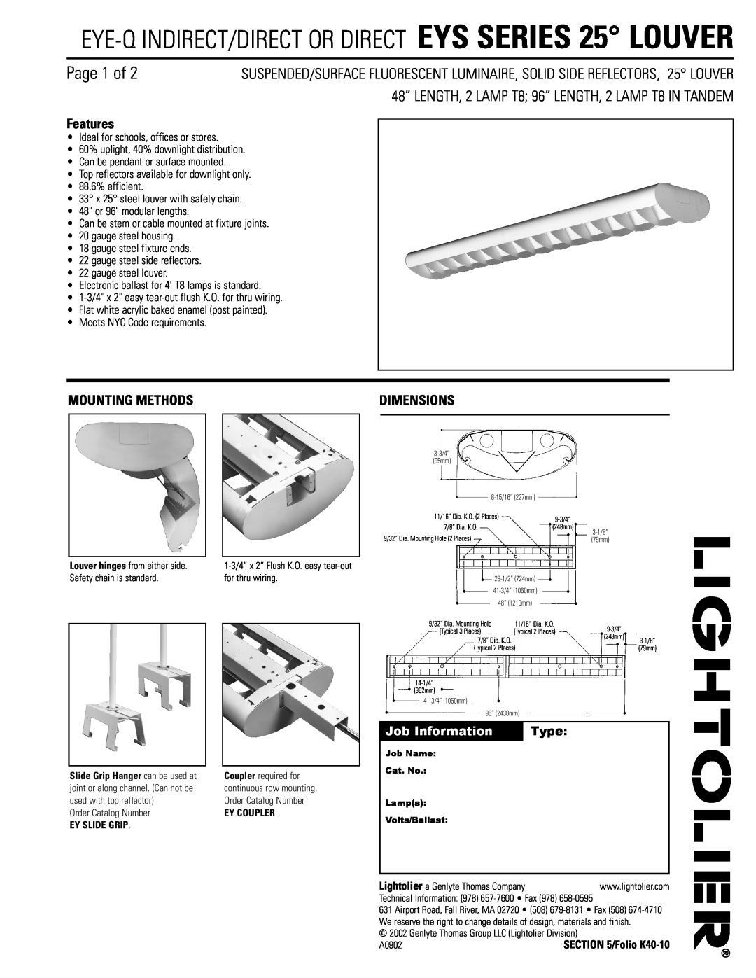 Lightolier EYS Series dimensions Page 1 of, Features, Mounting Methods, Dimensions, Job Information, Type 