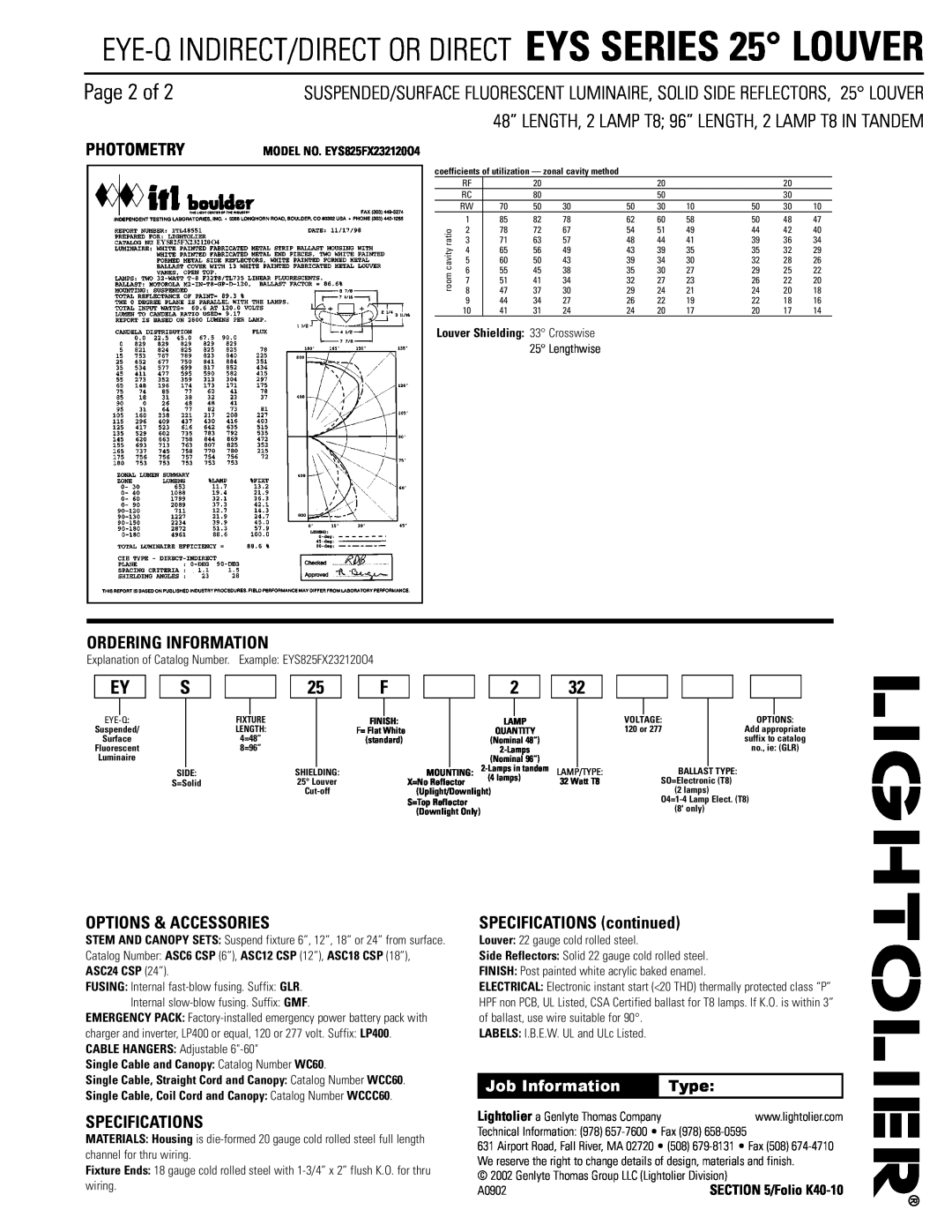 Lightolier EYS Series Page 2 of, Photometry, Ordering Information, Options & Accessories, Specifications, Job Information 