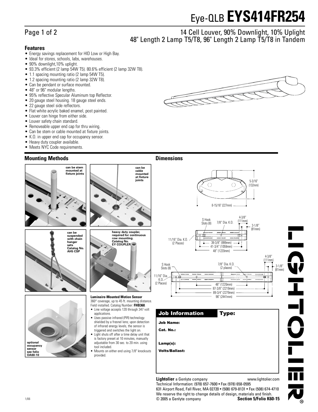 Lightolier dimensions Eye-QLB EYS414FR254, Page 1 of, Cell Louver, 90% Downlight, 10% Uplight, Features, Dimensions 