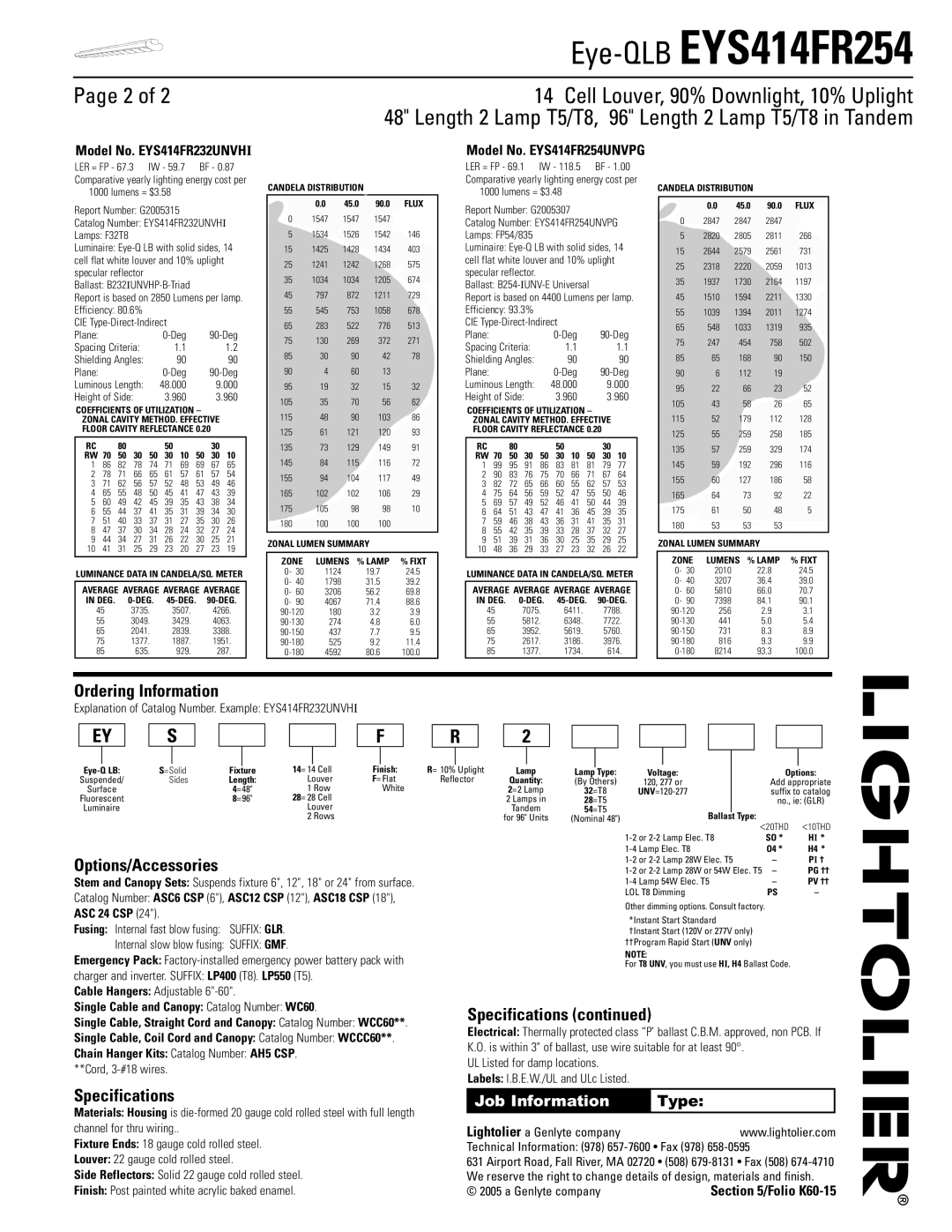 Lightolier EYS414FR254 Page 2 of, Ordering Information, Options/Accessories, Specifications continued, Job Information 