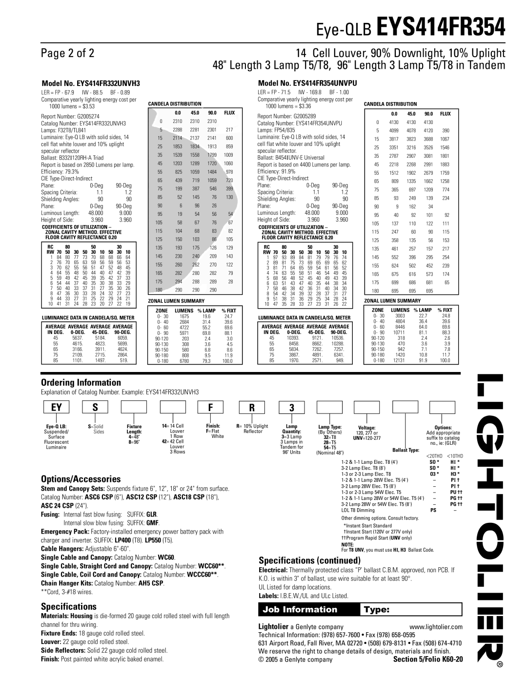 Lightolier EYS414FR354 dimensions Ordering Information, Options/Accessories, Specifications 