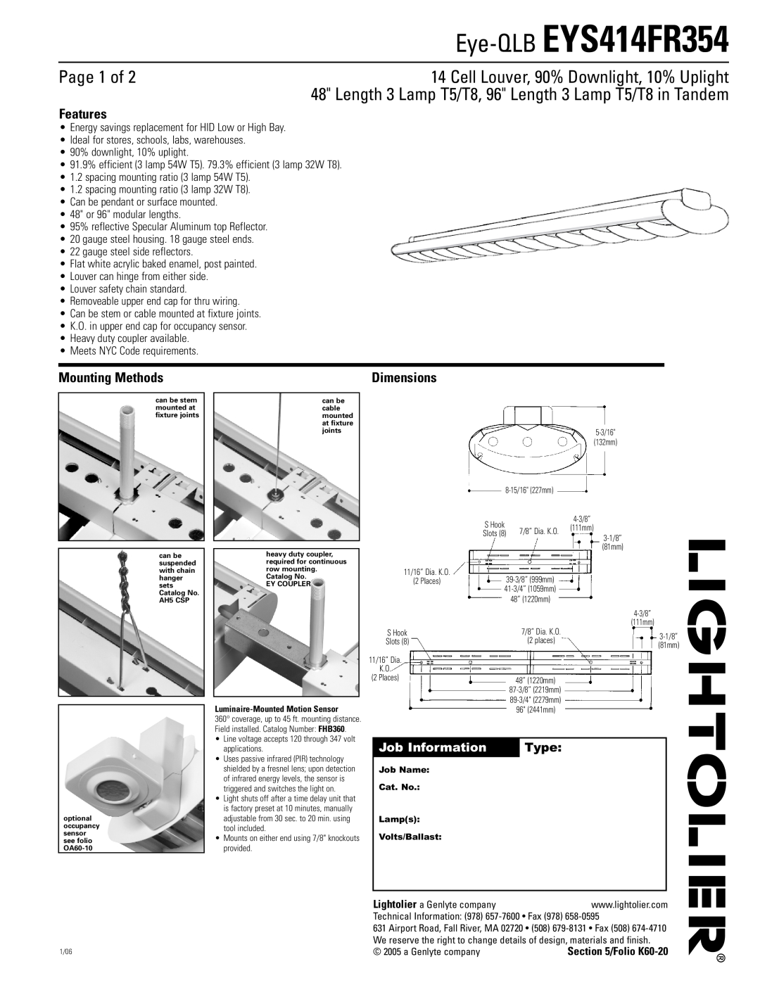 Lightolier dimensions Eye-QLB EYS414FR354, Page 1 of, Cell Louver, 90% Downlight, 10% Uplight, Features, Dimensions 