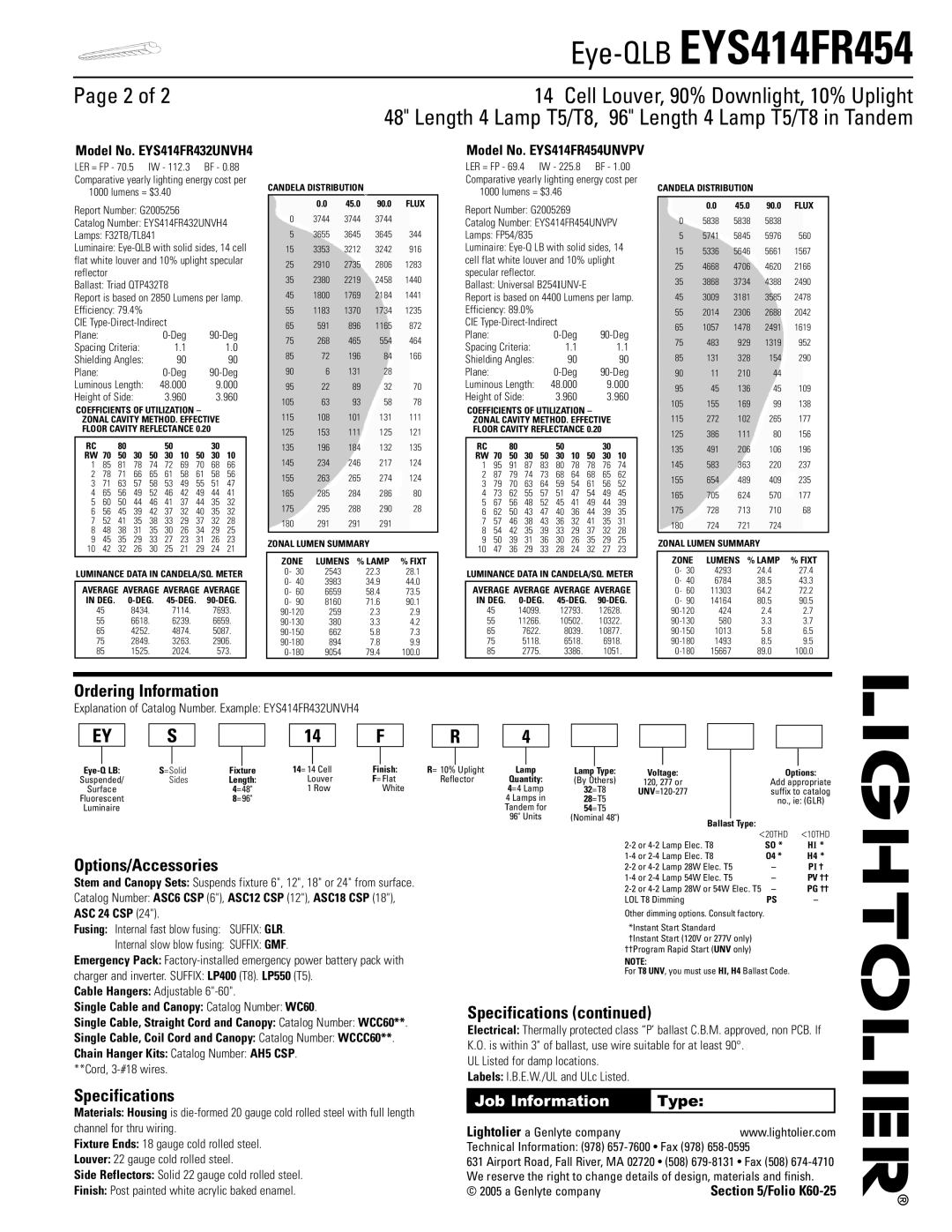 Lightolier EYS414FR454 Page 2 of, Ordering Information, Options/Accessories, Specifications continued, Job Information 