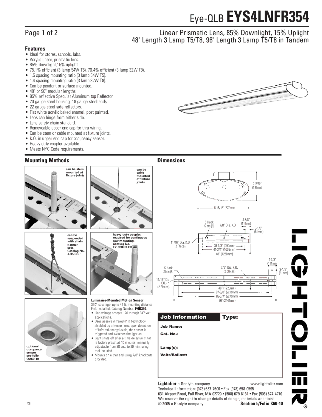 Lightolier EYS4LNFR332, EYS4LNFR354 dimensions Features, Mounting Methods, Dimensions, AH5 CSP, EY Coupler 