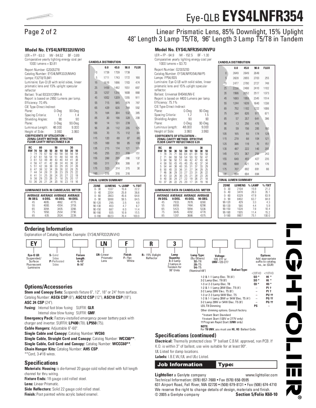 Lightolier EYS4LNFR354, EYS4LNFR332 dimensions Ordering Information, Options/Accessories, Specifications 