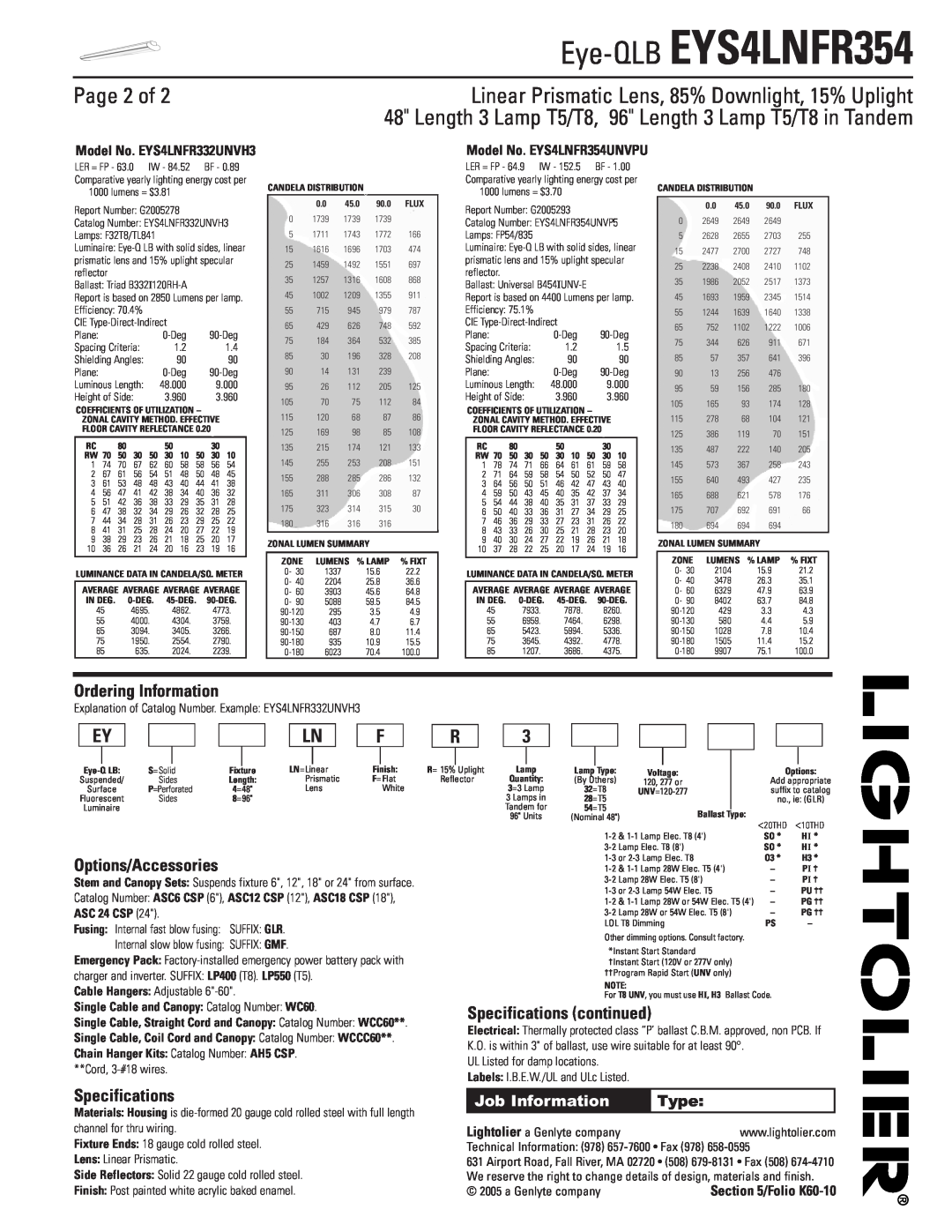 Lightolier EYS4LNFR354 Page 2 of, Ordering Information, Options/Accessories, Specifications continued, Job Information 