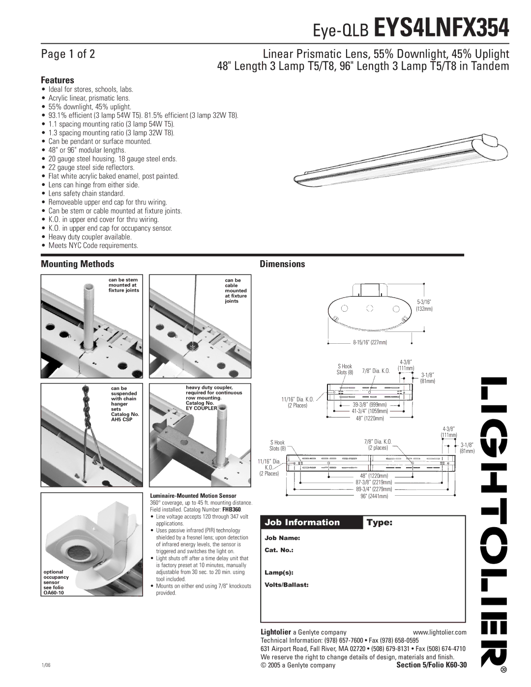 Lightolier EYS4LNFX354 dimensions Features, Mounting Methods, Dimensions 