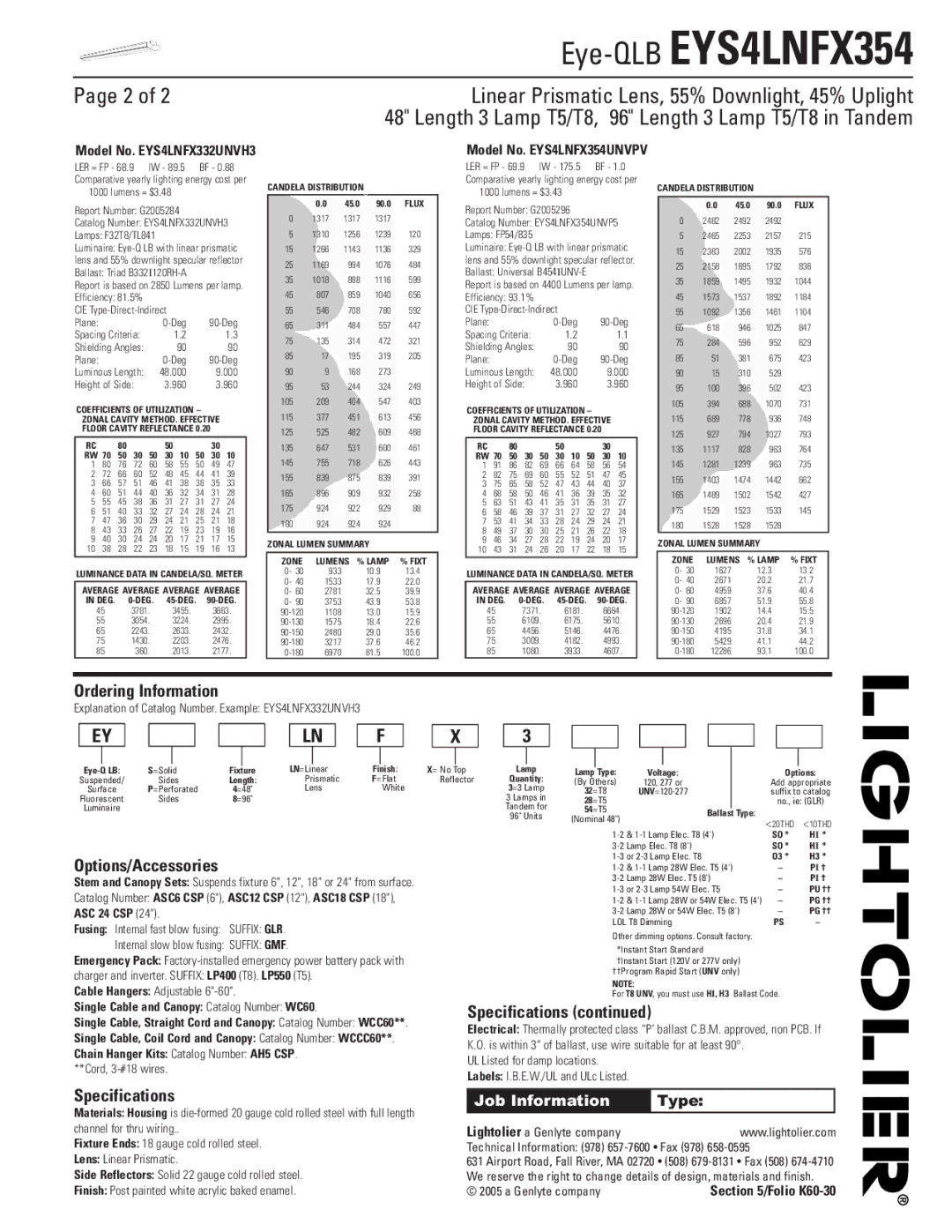 Lightolier EYS4LNFX354 dimensions Ordering Information, Options/Accessories, Specifications 