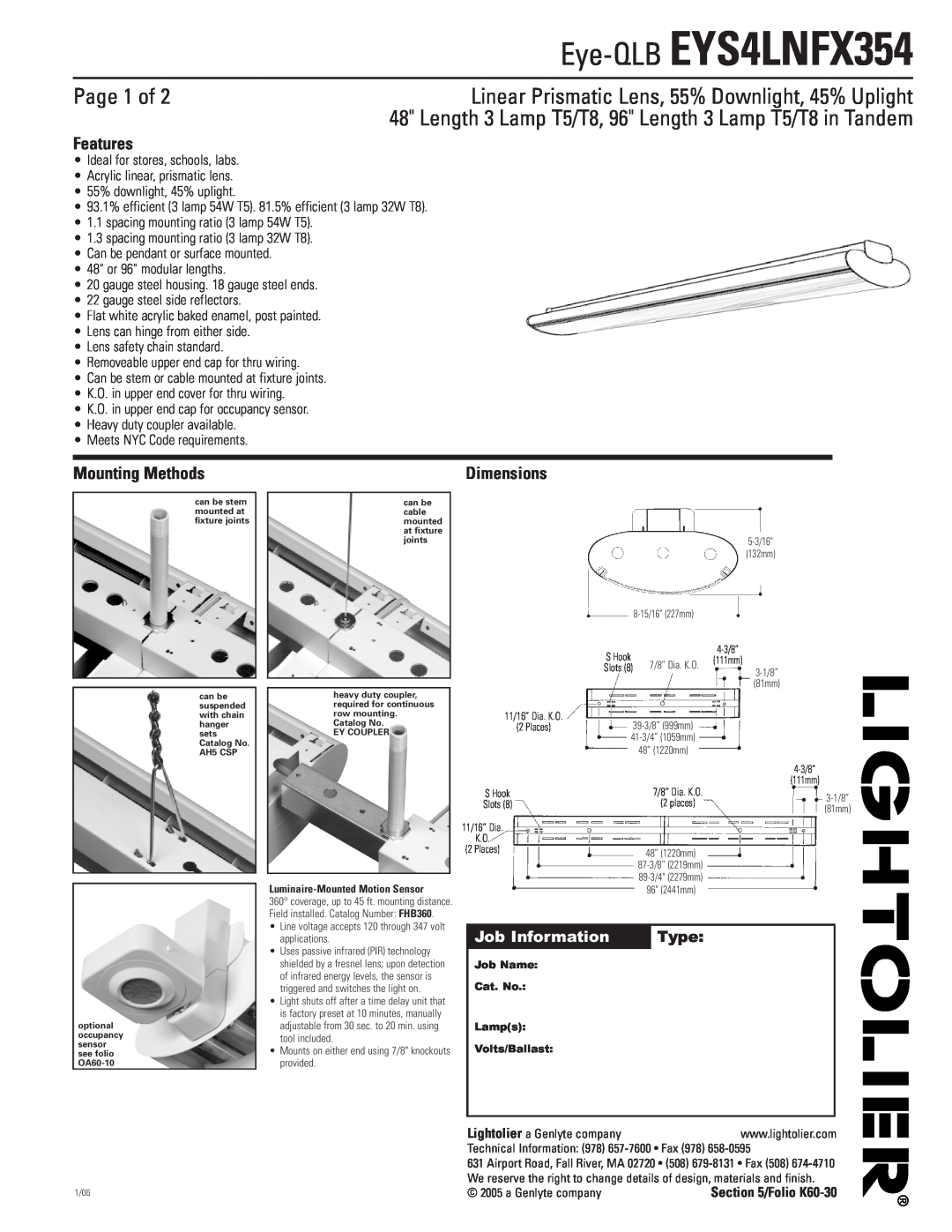 Lightolier dimensions Eye-QLB EYS4LNFX354, Page 1 of, Linear Prismatic Lens, 55% Downlight, 45% Uplight, Features, Type 