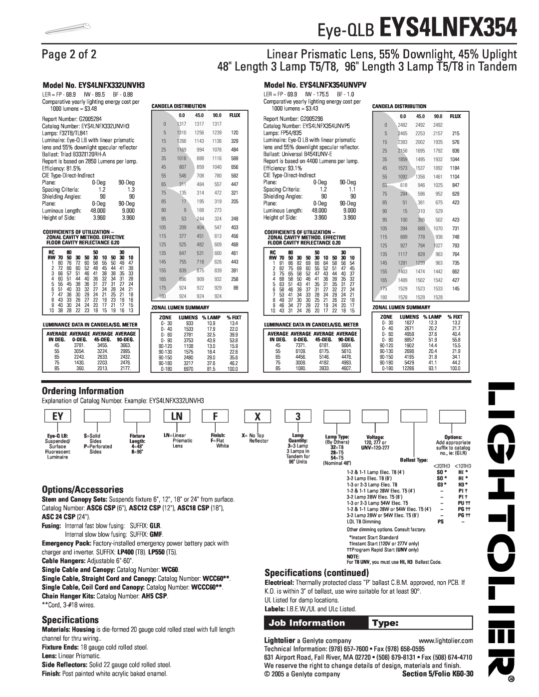 Lightolier Page 2 of, Ordering Information, Options/Accessories, Specifications continued, Eye-QLB EYS4LNFX354, Type 