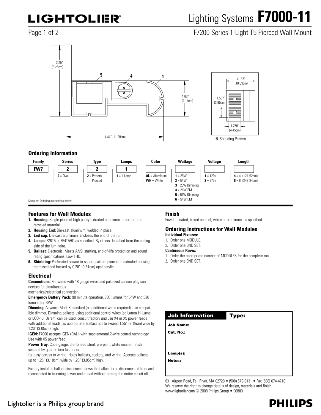 Lightolier F7000-11 specifications 1BHFPG, Features for Wall Modules, Electrical, Finish 