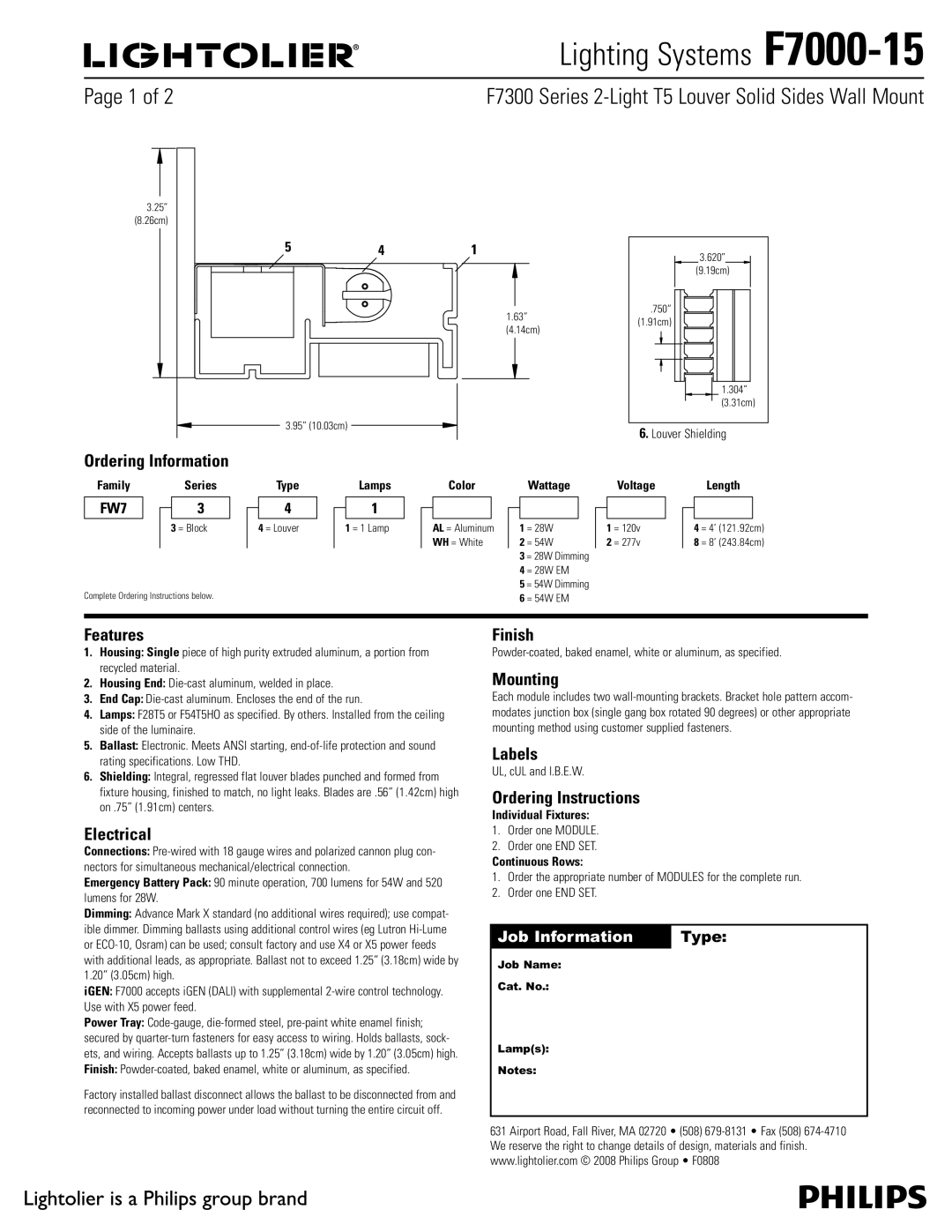 Lightolier F7000-15 specifications Ordering Information, Features, Electrical, Finish, Mounting, Labels 