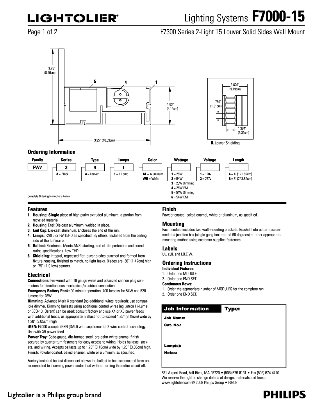 Lightolier specifications Job Information, Type, Lighting Systems F7000-15, Ordering Information, Features, Electrical 