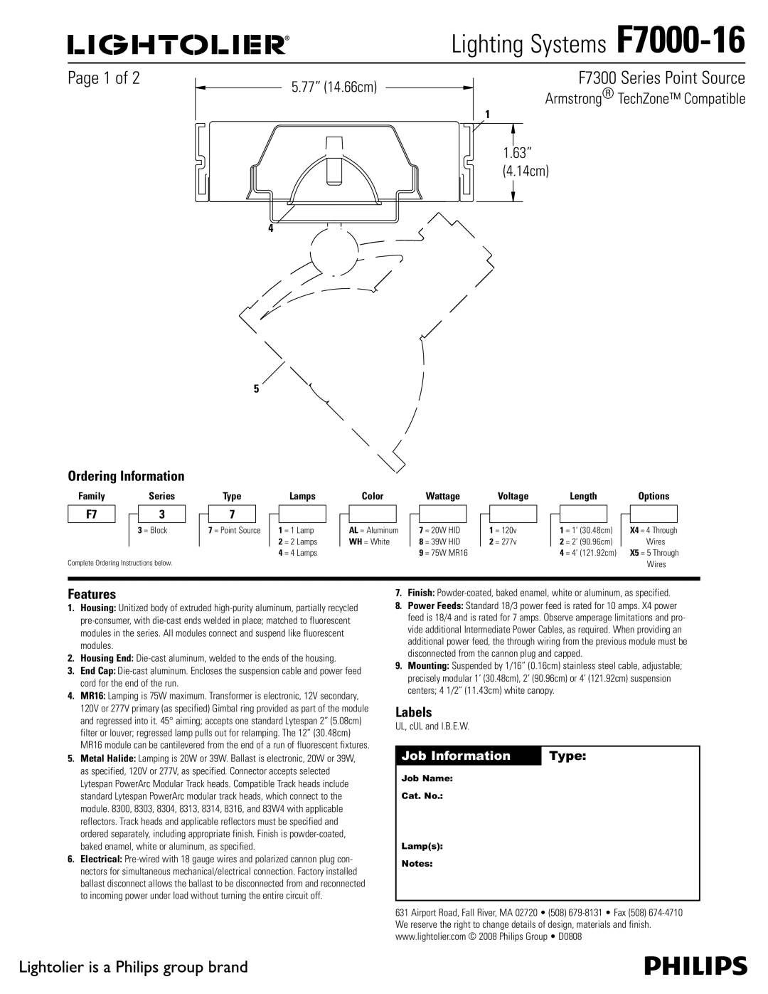 Lightolier manual Lighting Systems F7000-16, 1BHFPG, 77 14.66cm, Armstrong TechZone Compatible 