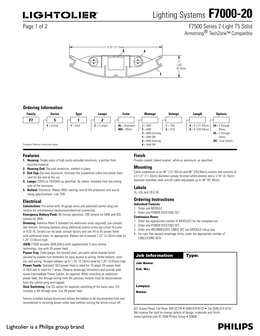 Lightolier F7000-20 specifications Ordering Information, Features, Electrical, Finish, Mounting, Labels 