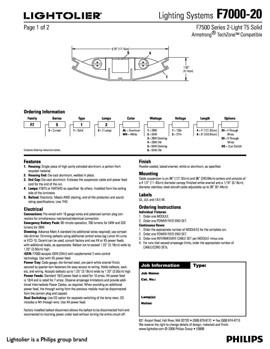 Lightolier specifications 4FSJFT-JHIU54PMJE, Job Information, Type, Lighting Systems F7000-20, Features 