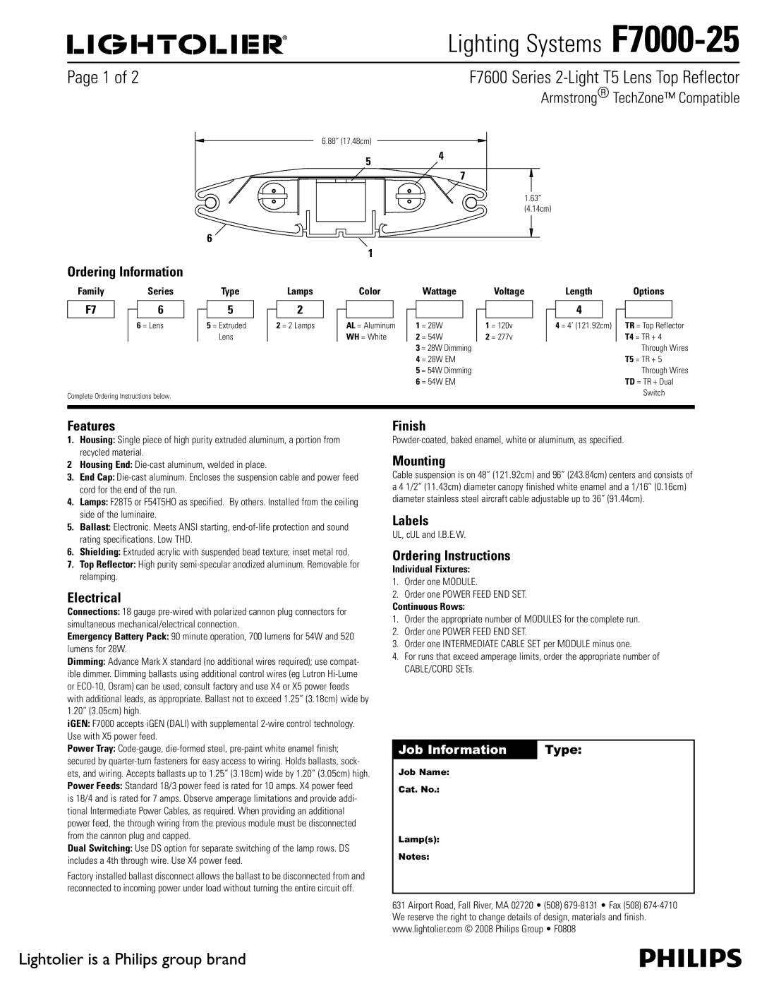 Lightolier F7000-25 specifications Ordering Information, Features, Electrical, Finish, Mounting, Labels 