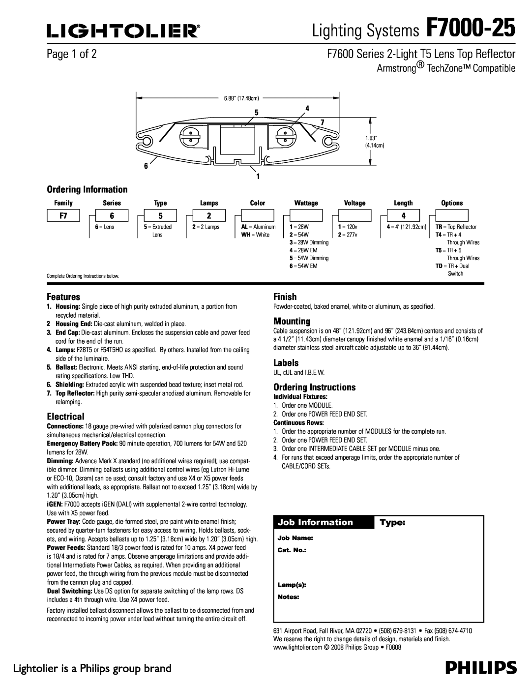 Lightolier specifications Job Information, Type, Lighting Systems F7000-25, 4FSJFT-JHIU5-FOT5PQ3FGMFDUPS 