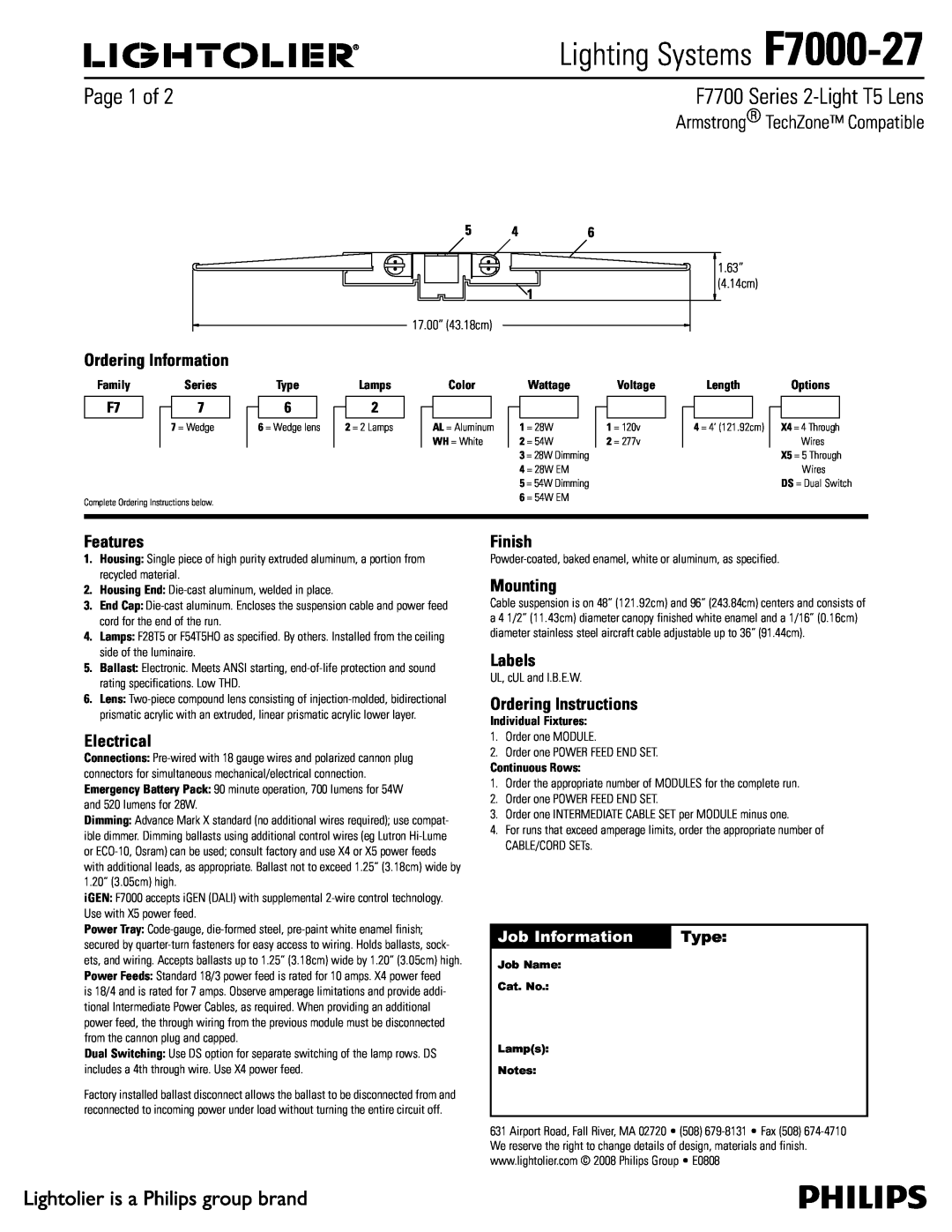 Lightolier specifications 4FSJFT-JHIU5-FOT, Job Information, Type, Lighting Systems F7000-27, Features 