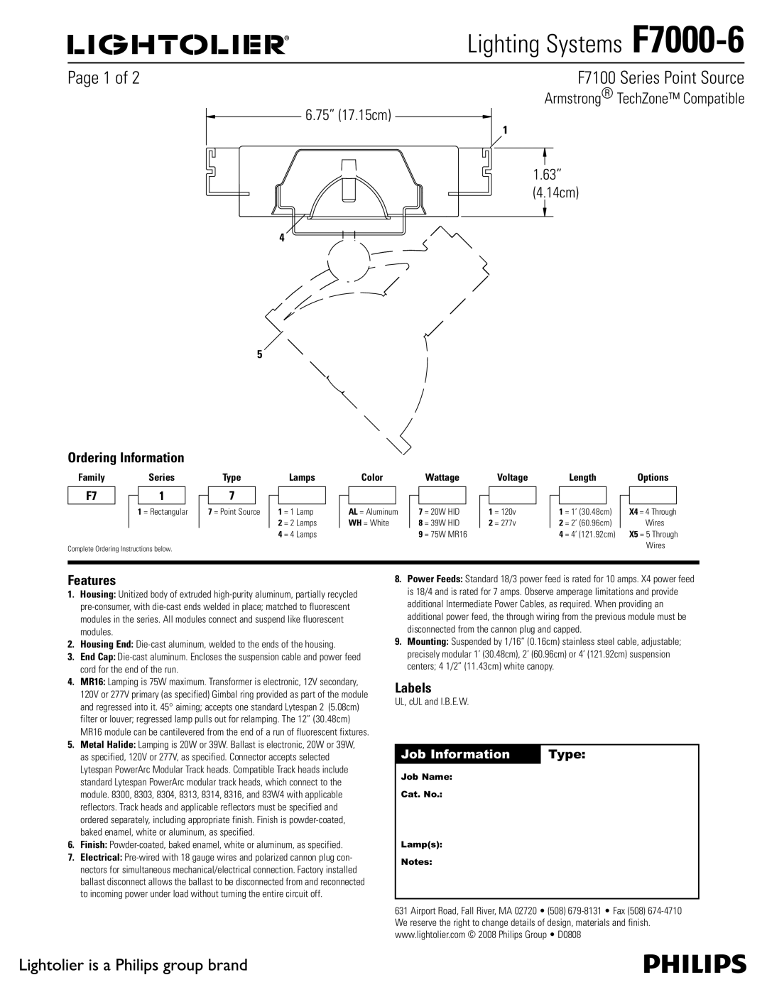 Lightolier F7000-6 manual Features, Labels 