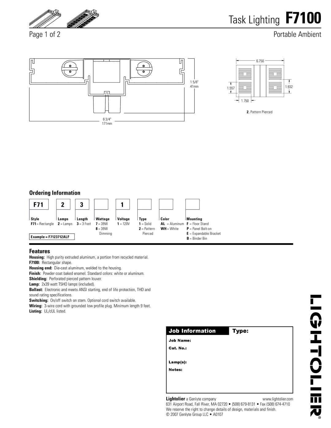 Lightolier F7100 specifications Ordering Information, Features, Genlyte Group LLC A0107 