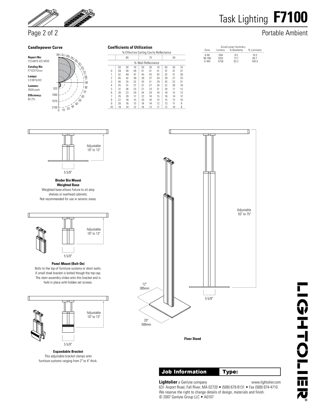 Lightolier F7100 specifications 130, 120, Lightolier a Genlyte company 