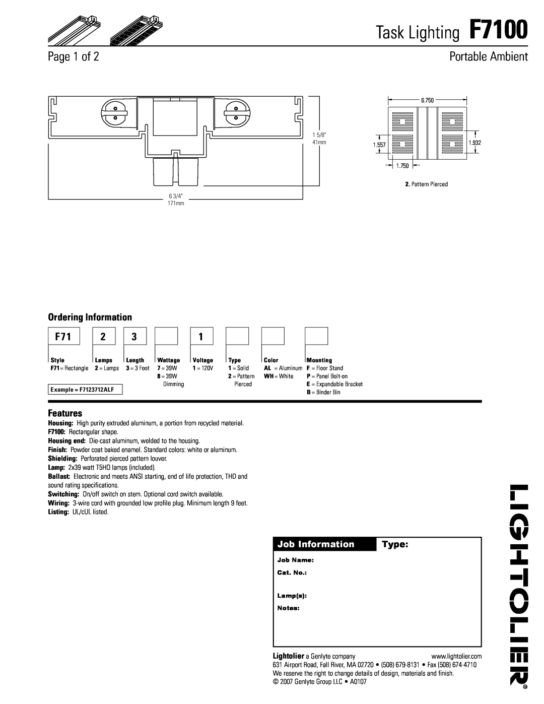 Lightolier specifications Page of, Portable Ambient, Job Information, Type, Task Lighting F7100, Ordering Information 