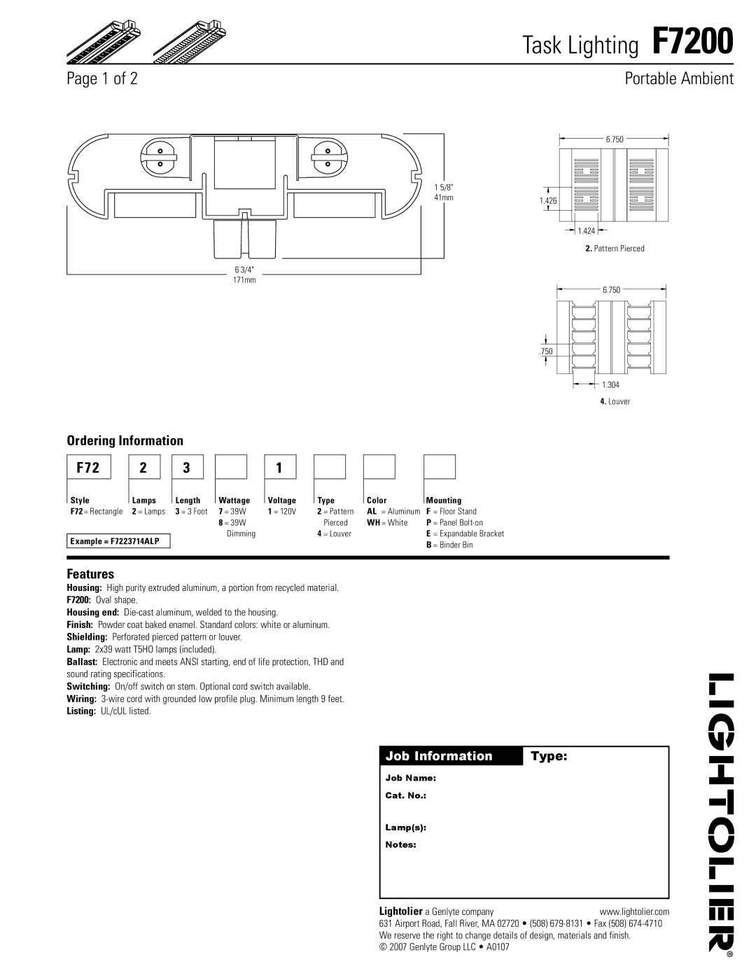 Lightolier F7200 specifications Ordering Information, Features, Job Information Type 