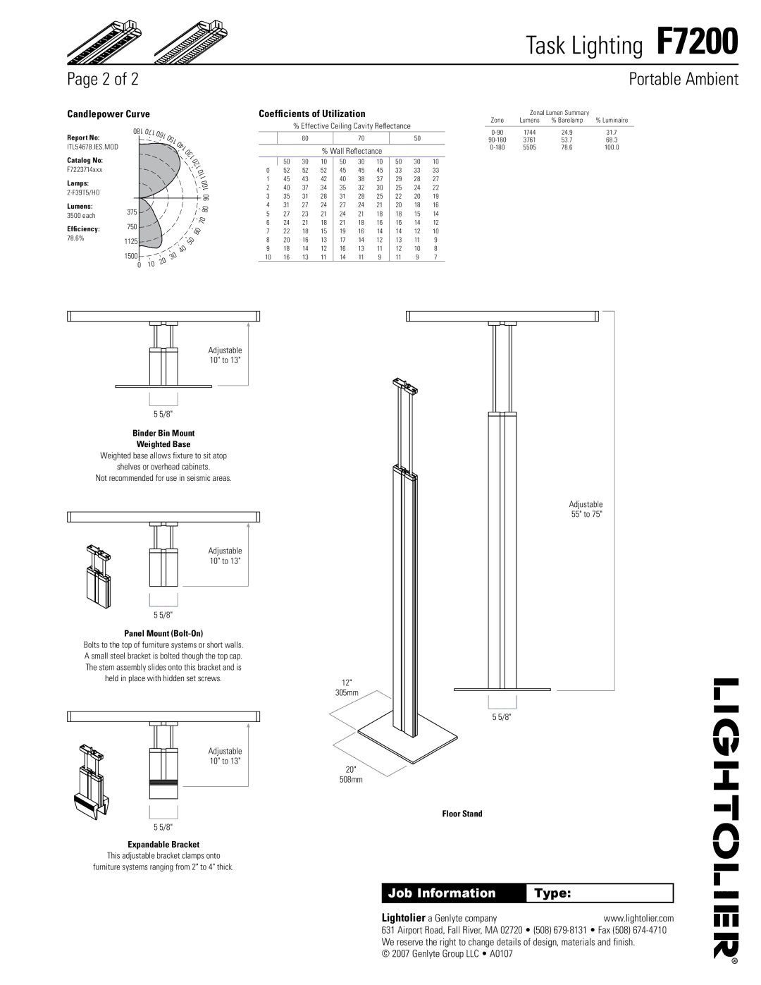 Lightolier F7200 specifications Job Information 