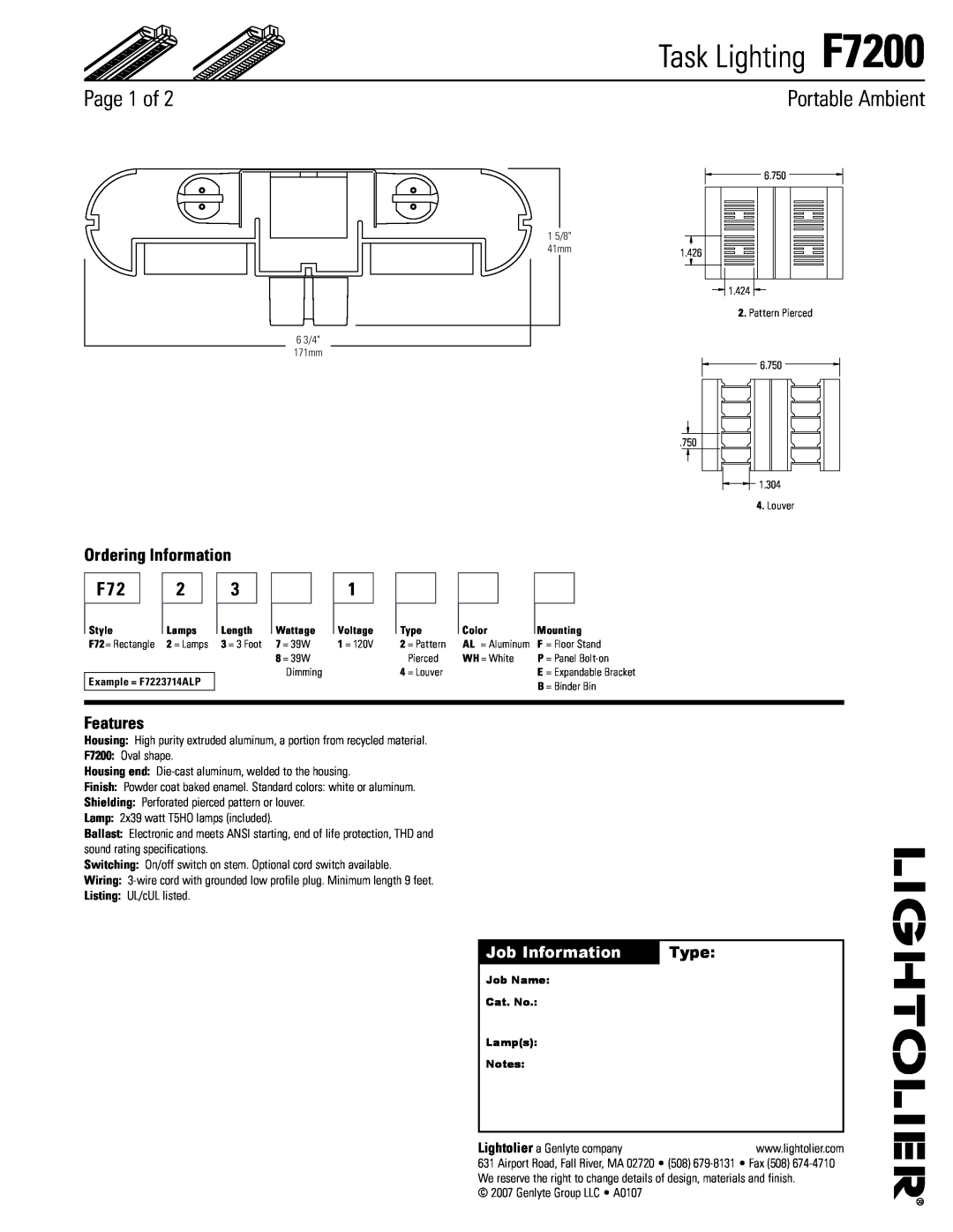 Lightolier specifications Page of, Portable Ambient, Job Information, Type, Task Lighting F7200, Ordering Information 